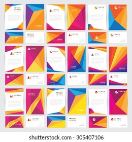 Mega stationery set collection in geometric polygonal multicolored pattern design and logo elements. Letterhead templates and business card mockups