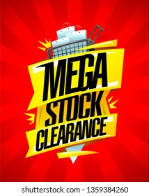 Mega stock clearance, sale vector banner design concept with shopping cart full of paper bags