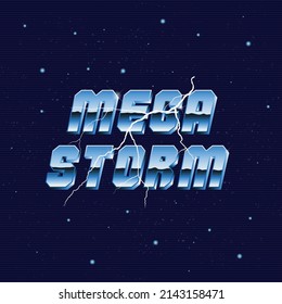 Mega Storm retro neon logo. 80's logo design with lightning bolt. Vector logo template.