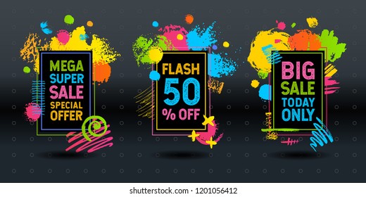 Mega super big flash sale brush stroke frame vector abstract dynamic chalk chalkboard graphics colorfull  elements design business cards flyers. Vector illustration