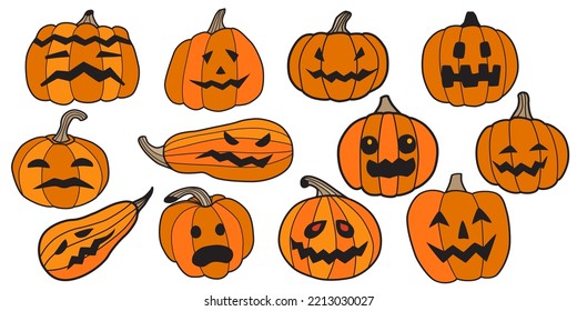 Mega super bundle with pumpkins. Set of Halloween pumpkins. Pumpkins with different faces, emotions of fear, fright, smiles. Flat doodle style, with contour black stroke, orange, yellow color. Vector