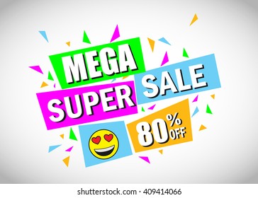 Mega super sale banner with emoticon. Colorful vector concept.