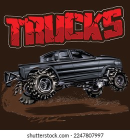 Mega Truck racing splash isolated on black background, for graphic design, screen print, DTG, DTF, poster and business elements.