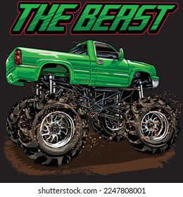 Mega Truck racing splash isolated on black background, for graphic design, screen print, DTG, DTF, poster and business elements.