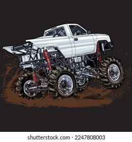 Mega Truck racing splash isolated on black background, for graphic design, screen print, DTG, DTF, poster and business elements.