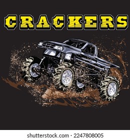 Mega Truck racing splash isolated on black background, for graphic design, screen print, DTG, DTF, poster and business elements.