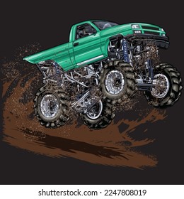 Mega Truck racing splash isolated on black background, for graphic design, screen print, DTG, DTF, poster and business elements.