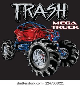 Mega Truck racing splash isolated on black background, for graphic design, screen print, DTG, DTF, poster and business elements.