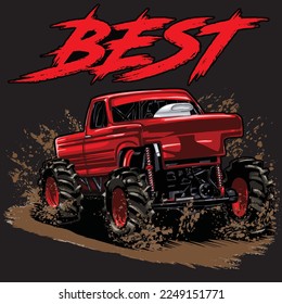 Mega Truck racing splash isolated on black background, for graphic design, screen print, DTG, DTF, poster and business elements.