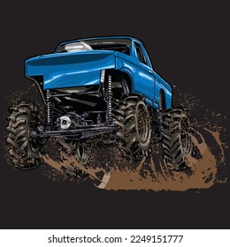 Mega Truck racing splash isolated on black background, for graphic design, screen print, DTG, DTF, poster and business elements.