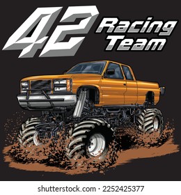 Mega Truck racing splash isolated on black background, for graphic design, screen print, DTG, DTF, poster and business elements.