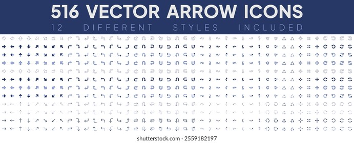 Mega Vector Arrows set containing 512 icons - arrow cursor collection in 12 different styles (outline, bold, thin, duo etc.). Isolated simple modern pictogram