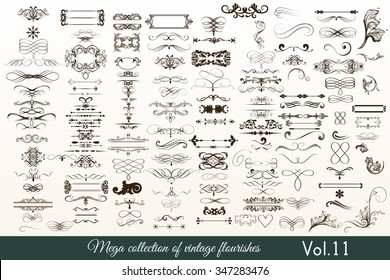 Mega vector  collection or set of filigree drawn flourishes in vintage or retro style