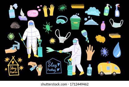 Mega vector set of clipart disinfection and control of coronavirus in the style of scruff isolated on a black background. Means of protection, cleaning and washing during the period of epidemic and