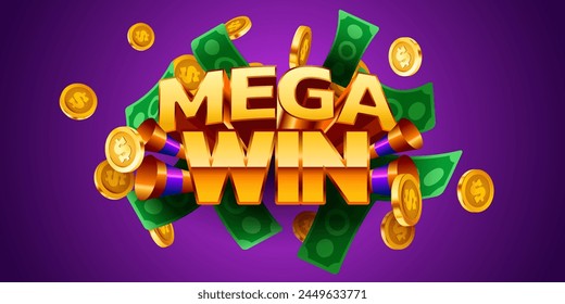 Mega win banner. Sign with golden letters. Online casino. Vector illustration