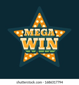 Mega win casino green star retro sign flat illustration