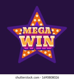 Mega win casino purple star retro sign flat illustration