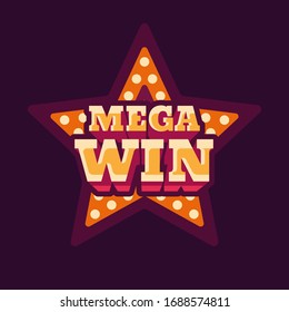 Mega win casino red star retro sign flat illustration