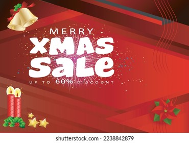 Mega Year End Sale on red banner background vector illustration. Holidays sale. Christmas ornaments
