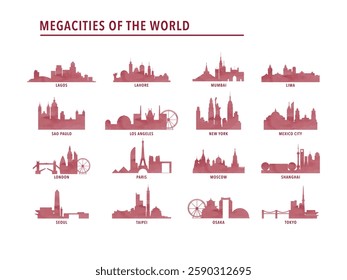 Megacities watercolor logos, icons with skylines of Lagos, Lahore, Lima, London, Los Angeles, Mexico, Moscow, Mumbai, New York, Osaka, Paris, Sao Paulo, Seoul, Shanghai, Taipei, Tokyo