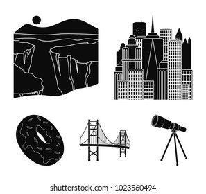 A megacity, a grand canyon, a golden gate bridge,donut with chocolate. The US country set collection icons in black style vector symbol stock illustration web.