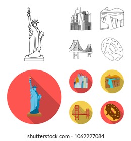 A megacity, a grand canyon, a golden gate bridge,donut with chocolate. The US country set collection icons in outline,flat style vector symbol stock illustration web.