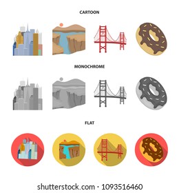 A megacity, a grand canyon, a golden gate bridge,donut with chocolate. The US country set collection icons in cartoon,flat,monochrome style vector symbol stock illustration web.