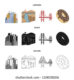 A megacity, a grand canyon, a golden gate bridge,donut with chocolate. The US country set collection icons in cartoon,black,outline style vector symbol stock illustration web.