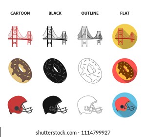 A megacity, a grand canyon, a golden gate bridge,donut with chocolate. The US country set collection icons in cartoon,black,outline,flat style vector symbol stock illustration web.