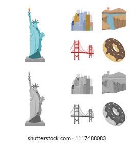 A megacity, a grand canyon, a golden gate bridge,donut with chocolate. The US country set collection icons in cartoon,monochrome style vector symbol stock illustration web.