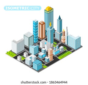 Megacity isometric design vector. Modern skyscraper, street, buildings, traffic, garden. Realistic 3D design for development, architect, business, infographic, website.