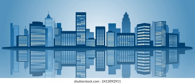 Megacity silhouettes with reflections. Modern business district with skyscrapers, business centers and office buildings.
