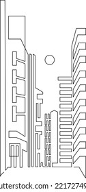 Megacity with skyscrapers. High-rise buildings on the sides of the road. Sunrise or sunset or moon. Continuous line drawing. Vector illustration.