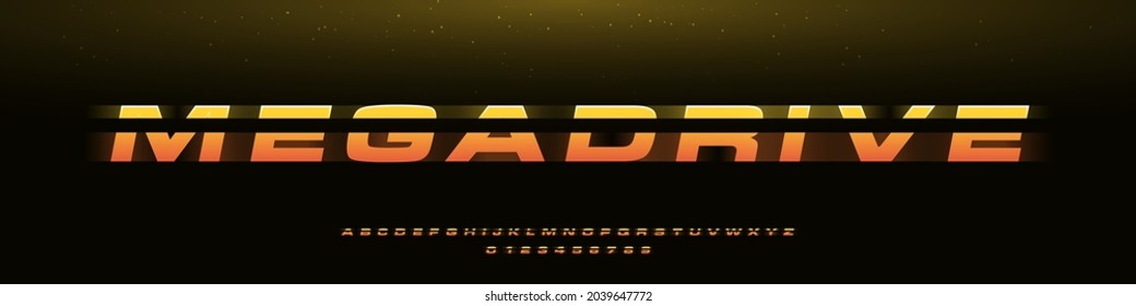 MEGADRIVE bold italic font with dynamic slant and geometric cut, speed effect, battle, or fast delivery. Retrowave English alphabet and numbers set. Yellow-orange gradient typography. Vector