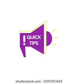 Megafon bright icon with Quick tips inscription for social media and website informative helpful suggestions. Cartoon vector illustration isolated on white background.