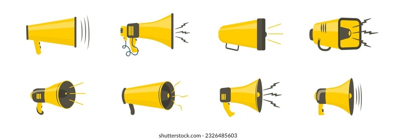 Megafon, megaphone, loudspeaker vector icons set. Broadcasting, marketing information and speeches. Loud volume, noisy equipment in flat design. Vector illustration. 