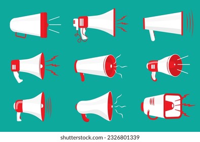 Megafon, megaphone, loudspeaker vector icons set. Broadcasting, marketing information and speeches. Loud volume, noisy equipment in flat design. Vector illustration. 