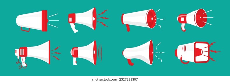 Megafon, megaphone, loudspeaker vector icons set. Broadcasting, marketing information and speeches. Loud volume, noisy equipment in flat design. Vector illustration. 