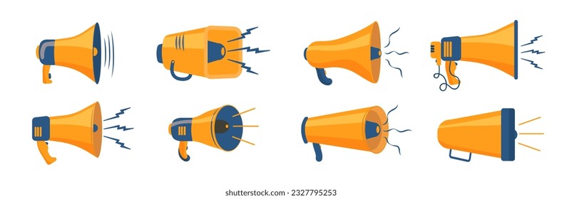 Megafon, megaphone, loudspeaker vector icons set. Broadcasting, marketing information and speeches. Loud volume, noisy equipment in flat design. Vector illustration. 