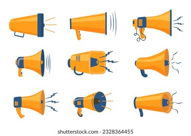 Megafon, megaphone, loudspeaker vector icons set. Broadcasting, marketing information and speeches. Loud volume, noisy equipment in flat design. Vector illustration. 