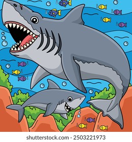 Megalodon Shark Colored Cartoon Illustration