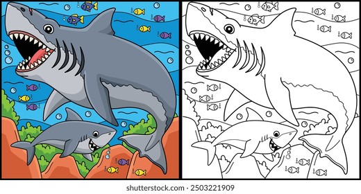 Megalodon Shark Coloring Page Colored Illustration