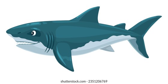 Megalodon shark dinosaur cartoon character. Jurassic era ocean animal, prehistoric aquatic or marine dinosaur or paleontology Megalodon isolated vector comical personage or childish character