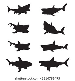 megalodon silhouette set collection isolated black on white background vector illustration