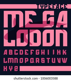 "Megalodon" - typeface poster. Vector hand crafted font in modern style with shark shadow on background.