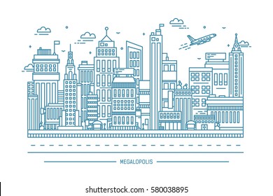 megalopolis, big city life, contour line art illustration