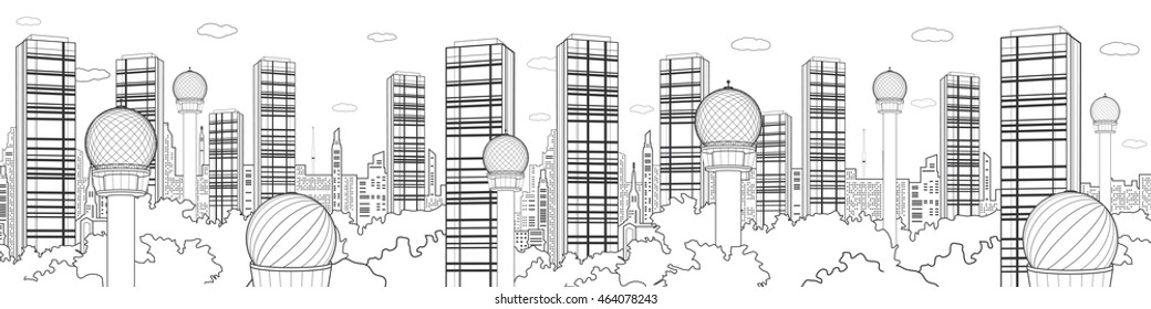 Megalopolis futuristic panorama, night city skyline, tower and skyscrapers, communication technology, black lines landscape, vector design art, black and white version