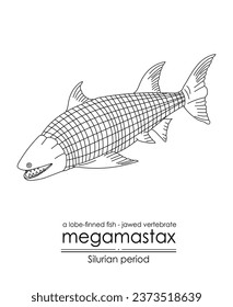 Megamastax, a Silurian period largest jawed vertebrate, a lobe-finned fish, black and white line art illustration. Ideal for both coloring and educational purposes