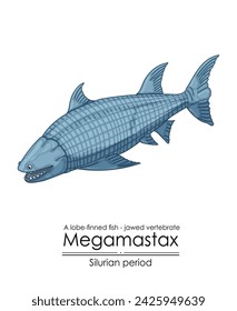 Megamastax, a Silurian period largest jawed vertebrate, a lobe-finned fish, colorful illustration on a white background