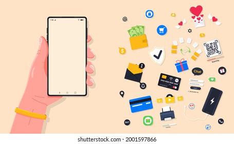 Megapack object for the mobile phone application. Mockup phone screen with different objects and icons for the shop pay by card, scanning QR code, phone music, gifts. Vector illustration set eps 10.